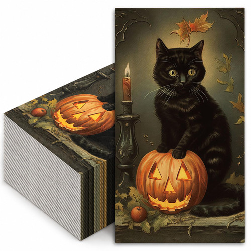 JarThenaAMCS 40 Pcs Halloween Guest Napkins Black Cat Pumpkin Disposable Paper Napkin Vintage Spooky Dinner Hand Towel for Kitchen Bathroom