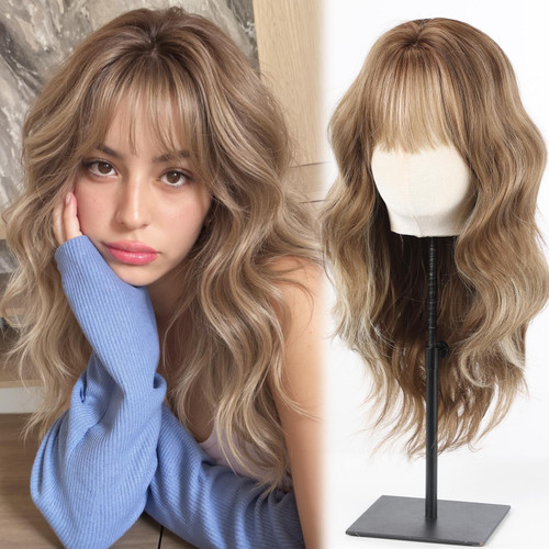 testar Brown Mixed Blonde Wigs for White Women 20 Inch With Bangs Hair Replacement Wigs Realistic Looking Synthetic Curly Wigs For Daily Party Use