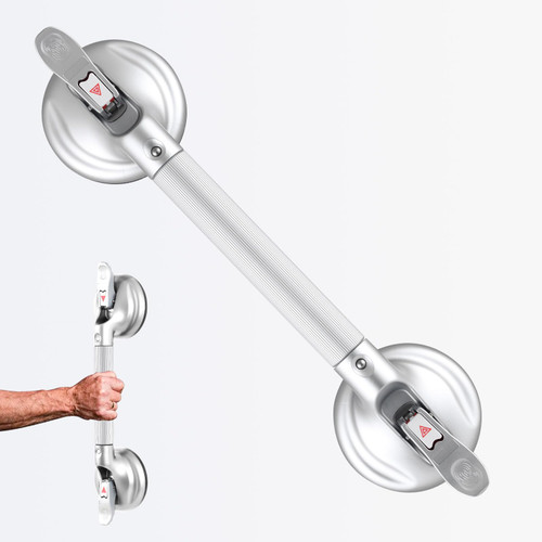 Daren Medical 15-Inch Shower Handle - Upgraded Grab Bar with Strong Suction Cups for Bathtub & Shower Safety, Ideal for Seniors, Elderly, Disabled -Silver
