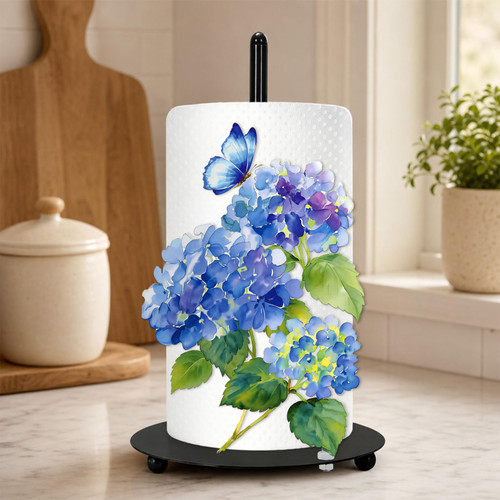 FYSUIMU Hydrangea Floral Paper Towel Holder Blue Flower Butterfly Metal Towel Stand Decoration Accessory for Party Home Kitchen Countertop