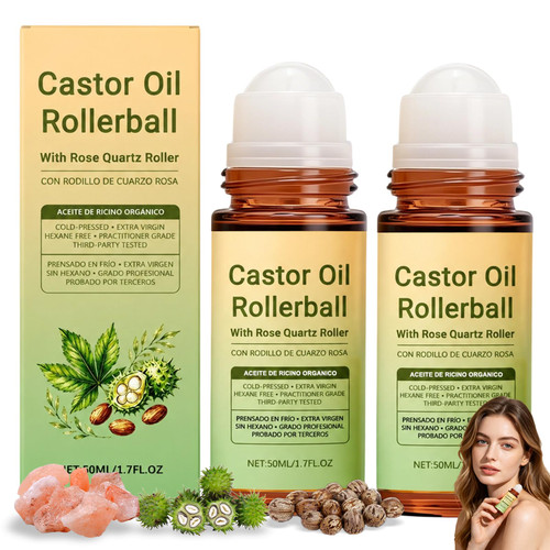 BSphinx 2PCS Rose Quartz Castor Oil Roller, Premium Cold Pressed Moisturizing Oil with Rose Quartz Roller Ball for Face, Body, Hair, Eyebrows and Eyelashes (Standard, 2 Bottle)