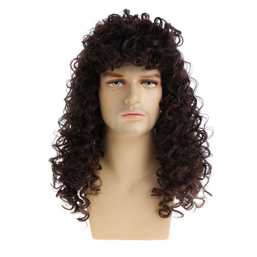 Eonfiwg Dark Brown Mens Long Curly Wig 70s 80s Rocker Costume Syntheic Wig for Halloween Cosplay Party