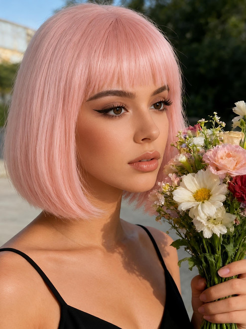 DARLIN HAIR Light Pink Bob Wig with Bangs for Women, 10 Inch Short Straight Synthetic Wig, Heat Resistant Anime Cosplay Wig for Daily Wear Halloween Party Kawaii