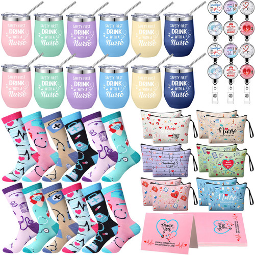 Tioncy 60 Pcs Nurses Week Gifts Bulk 2026 for Women Include 12 oz Stainless Steel Tumbler Cosmetic Bags Badge Reel Novelty Socks Nursing Appreciation Gift for Nurses Graduates(Fashion)