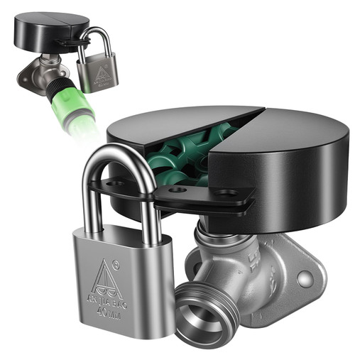 Posnaland Water Spigot Lock, Outdoor Faucet Lock with Padlock and 4 Keys, Prevents Water Theft and Conserves Water, Fits Outdoor and Garden Faucets, Black