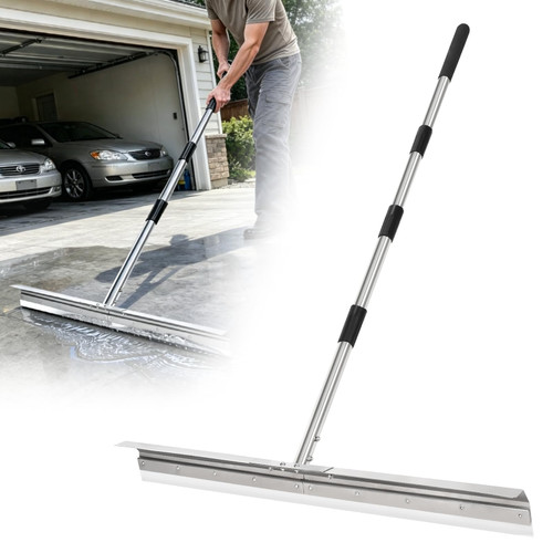 Heavy-Duty Large Floor Squeegee for Concrete, 34" Commercial Silicone Blade Squeegee for Floor with 63" Stainless Handle, Anti-Splash Curved Baffle for Garage, Factory, and Tough Cleaning Jobs