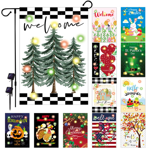 TTXXLL 12 Pcs Double Sided Solar LED Seasonal Garden Flags - 12x18 Inch Waterproof Burlap Yard Flags for Patio Lawn Yard Porch Decor (Color 1)