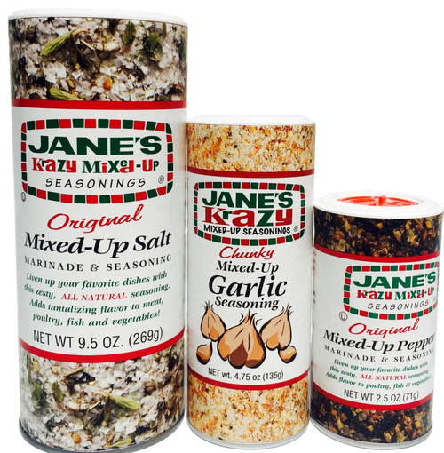 Jane's Krazy Mixed-Up Seasonings Super Bundle- 3 Items - Salt / Pepper / Garlic Jane's Krazy Mixed-Up Seasonings Super Bundle- 3 Items - Salt / Pepper / Garlic