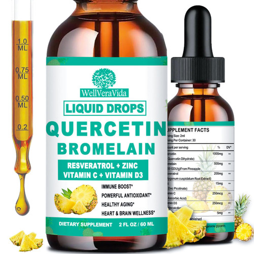 Quercetin with Bromelain Liquid Drops, 4X Stronger Than Capsules & Pills, 7-in-1 Organic Zinc Quercetin 1000mg with Bromelain 500mg Vitamin C D3 Immune Support for Respiratory Health & Antioxidant Quercetin with Bromelain Liquid Drops, 4X Stronger Than Capsules & Pills, 7-in-1 Organic Zinc Quercetin 1000mg with Bromelain 500mg Vitamin C D3 Immune Support for Respiratory Health & Antioxidant
