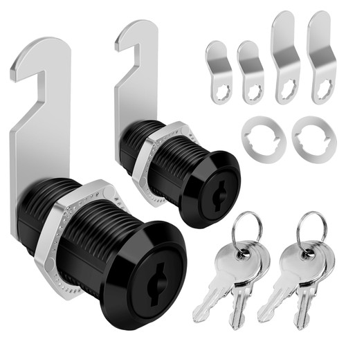 Pertinel Cabinet Cam Lock Keyed Alike Black Finish, 1-1/8'' Cabinet Locks with Key Secure Files Drawers RV Storage Locks Replacement Set, Zinc Alloy (Black 1-1/8 Inch 2Pcs)