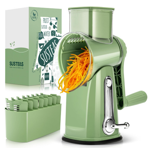 SUSTEAS Rotary Cheese Grater with Handle - Vegetable Shredder with 5 Well-designed Blades & Strong Suction Base,Round Mandoline Slicer & Food Chopper for Kitchen,with Blade Storage Box(Retro Green) SUSTEAS Rotary Cheese Grater with Handle - Vegetable Shredder with 5 Well-designed Blades & Strong Suction Base,Round Mandoline Slicer & Food Chopper for Kitchen,with Blade Storage Box(Retro Green)