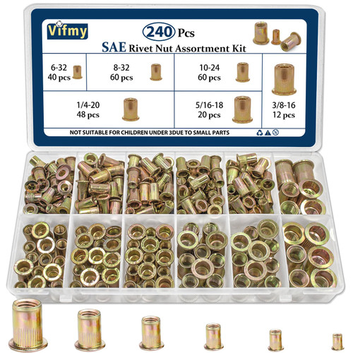 Vifmy SAE Rivet Nut Assortment Kit,240Pcs #6-3/8 Zinc Plated Rivnuts Insert