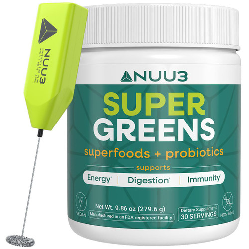 NUU3 Super Greens Superfoods + Probiotics - Immune Support, Improved Energy & Gut Health Digestive Enzymes - Boosts Immunity - Frother Included - 30 Servings (Unflavored)