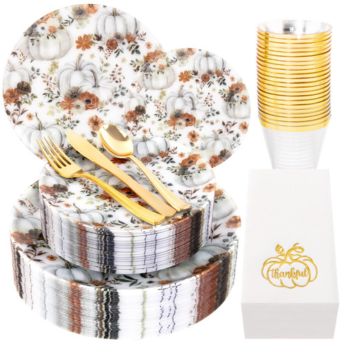 Joyido 175PCS Thanksgiving Plastic Plates - Fall Disposable Dinnerware Set for 25 Guests Include 50 Disposable Plates, 75 Plastic Silverware, 25 Cups, 25 Pumpkin Napkins for Friendsgiving Party