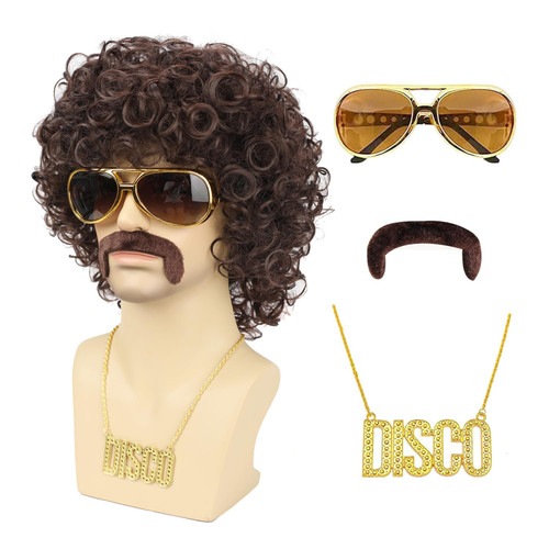 TUOFLY Mens 70s 80s Disco Black Curly Wig With Glasses Necklace Mustache and Wig Cap Natural Fluffy for Rocker Halloween Costume Cosplay