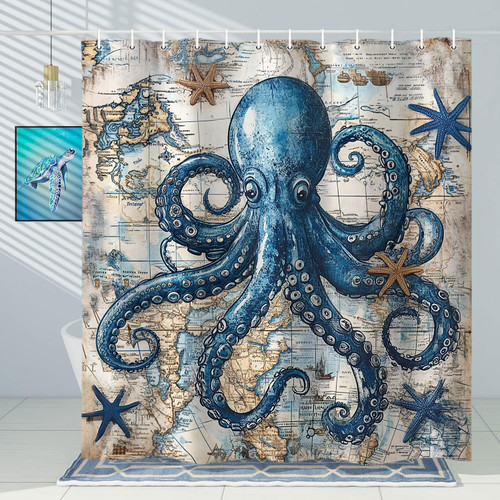 Hjokiupt Octopus Shower Curtain for Bathroom, Funny Ocean Vintage Nautical Shower Curtains, Coastal Map Waterproof Fabric Shower Curtain Set with 12 Hooks, Retro 72 x 72 Inch