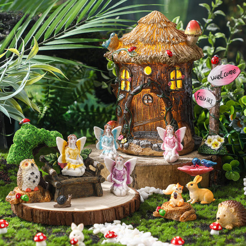 Leyndo 28 Pcs Solar Fairy Garden Kit, Miniature Light up House, Retro
