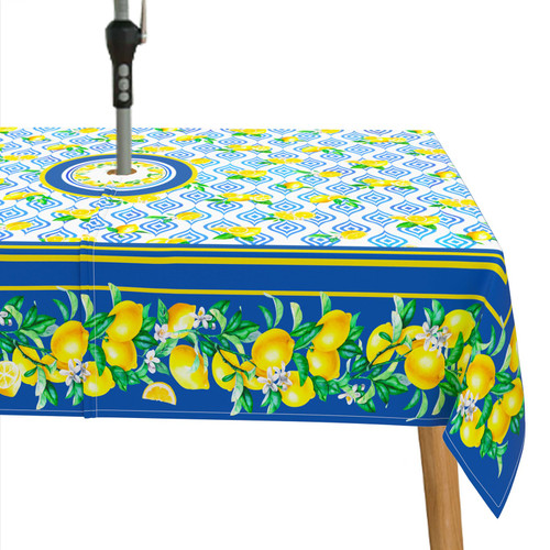 bnhjsdw Blue Lemon Outdoor Tablecloth with Umbrella Hole for Rectangle Table, Waterproof Lemon Patio Table Cloth with Zipper - 60 x 120 inches