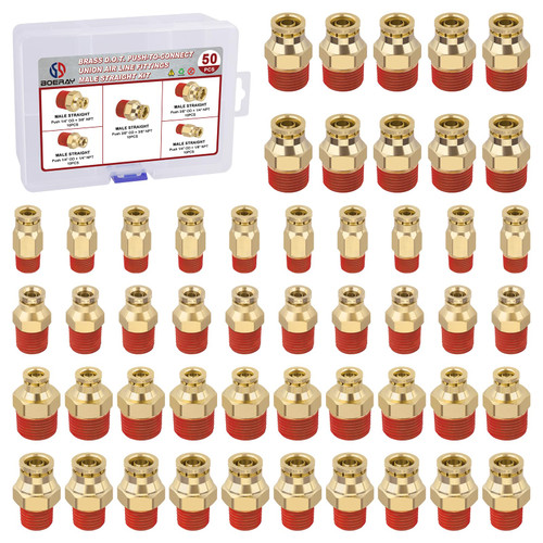 Boeray 50PCS Male Straight Brass Union Kit, 1/4"-3/8" Tube x NPT, 5 Sizes