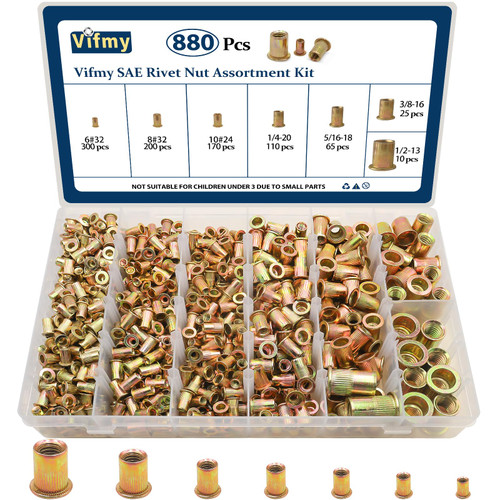 Vifmy SAE Rivet Nut Assortment Kit, 880Pcs #6-1/2 Zinc Plated Rivnut Insert