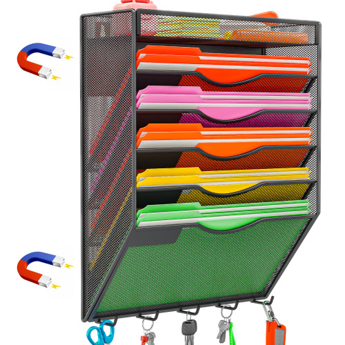 KZWKRG 6 Tier Magnetic File Holder with Hook, Magnetic File Organizer Folder Holder, Wall File Organizer, Hanging Magnetic Paper Holder for File Cabinets, Office, Whiteboard, Magnetic Mail Holder