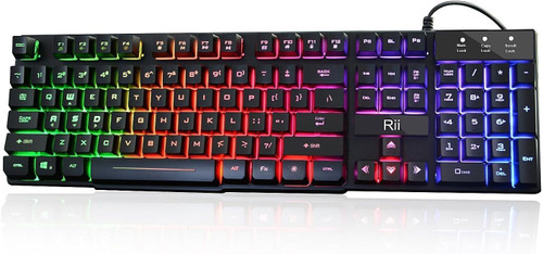 Rii RK100+ Multiple Color Rainbow LED Backlit Large Size USB Wired Mechanical Feeling Multimedia PC Gaming Keyboard,Office Keyboard for Working or Primer Gaming,Office Device(New RK100+)