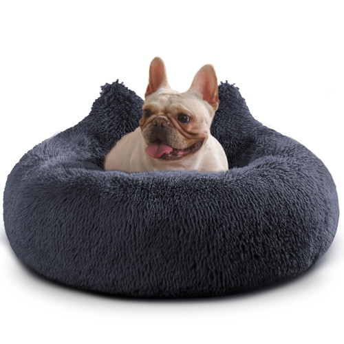 Westen Home Calming Small Dog Bed, Donut Washable Dog Beds for Small Dogs, 27 inches Anti-Slip Round Fluffy Plush Cute Dog Bed, Fits up to 35 lbs Pets, Navy Grey