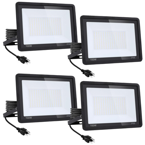 4Pack-100W LED Flood Light Outdoor,11000lm LED Work Light with 6FT US Plug,IP66 Waterproof Exterior Security Lights,6000K Daylight White Outside Floodlights Slim design for Playground Yard Stadium