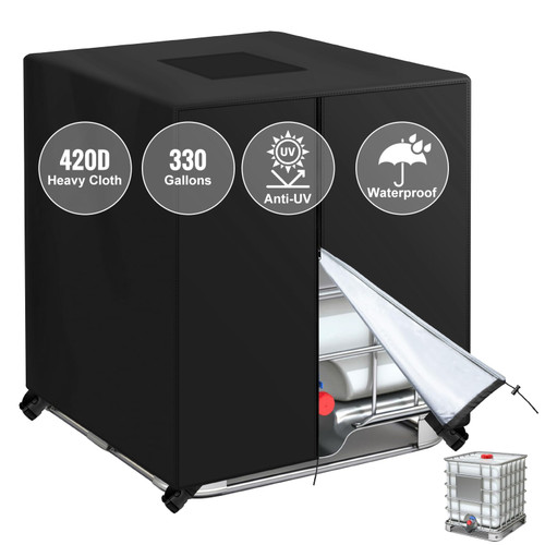 IBC Tote Cover for 330 Gallon ，Zipper 420D Heavy Waterproof Sunscreen Material Water Tank Cover for 330 Gallon 1250L (Black)