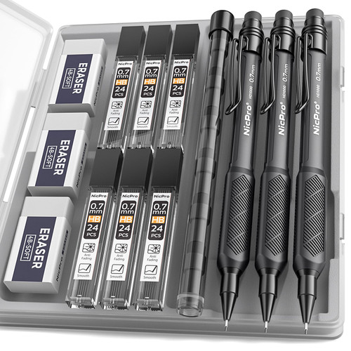 Nicpro 0.7 mm Mechanical Pencil Set with Case, 3PCS Mechanical Pencils 0.7