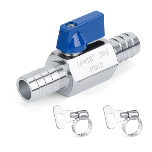 5/8" Double Barbed Ball Valve, Stainless Steel, with Hose Clamps, 16x16mm