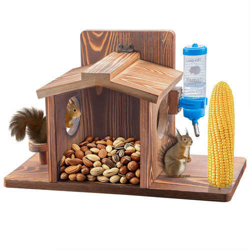 Squirrel Feeder for Outside, Squirrel Picnic Table Feeder for Corn Cob, Peanut and Nuts, Hanging Chipmunk House Box for Outdoors with Window and Squirrel Water Feeder