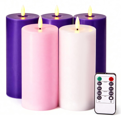 Velsyn Pillar Advent Candles Set of 5, Battery Operated Advent Candle Set with Remote and Timer, 3x6 Pink and Purple Pillar Candle Set, Flameless Advent Candles for Advent Wreath Pillar Candle Holder