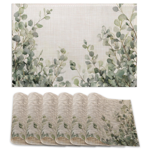 Watercolor Eucalyptus Leaves Placemats Set of 6, Green Branches Table Mates Non-Slip Heat Resistant Washable Linen Place Mats for Party Kitchen Dining Decoration Indoor Outdoor 12"x18"
