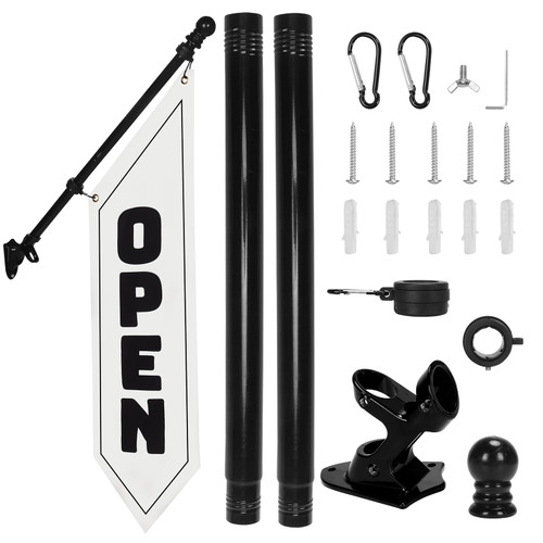 Open Flag with Pole Kit – 42x15 Inch Heavy-Duty Canvas Double-Sided Banner for Outdoor Storefront – Business Sign with Metal Bracket for Shops, Restaurants, Salons (White)
