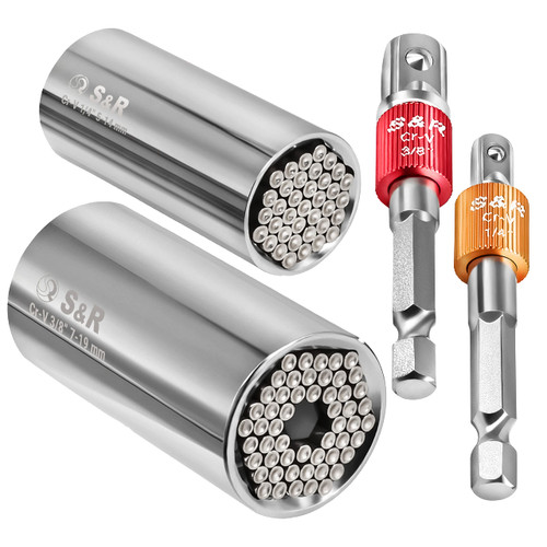 S&R Universal Socket Spanner Set - 2 Universal Sockets, 2 Hex Adapters - Versatile and Practical Tool Kit with Padded Storage