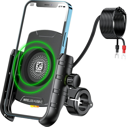 Kewig Motorcycle Phone Mount with Charger Wireless & USB C, IP66 Waterproof Motorbike Phone Holder Fit for 4''-7.9'' Cellphones, 360 Rotation Design, Adopts Aluminum Alloy Handlebar Mounting Base