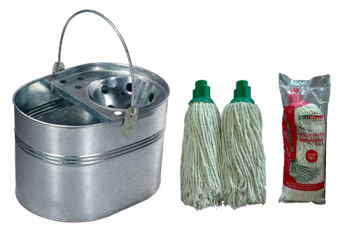 Best House 15 Litres Heavy Duty Industrial Galvanized Steel Metal Mop Bucket + 2 Pcs Cotton 18 Ply Plastic Push Socket Mop Head - 380g, For Home Office & Commercial Use Mop Heads