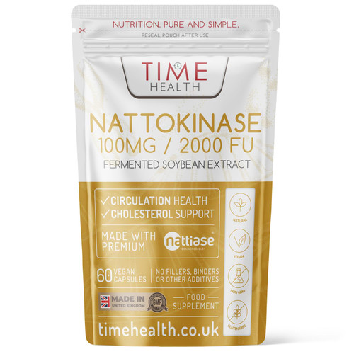 Time Health New: Nattokinase - 60 Capsules - 2000 FU / 100mg - Nattiase Natural Fermented Soybean Extract - Enzyme from Japanese Natto - UK Made - GMP Standards - Zero Additives