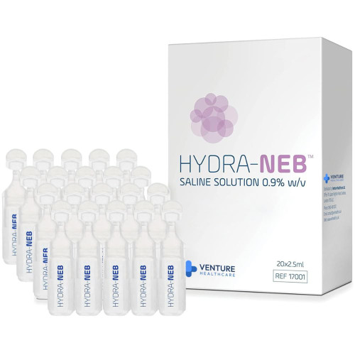 Hydra-Neb 100ml Isotonic Saline Solution 0.9% NaCl - Inhalation Solution for Nebuliser – Reduce Mucus and Allergy Symptoms - Nebuliser Saline Solution for Humidyfing Airways - 40 x 2.5ml Vials