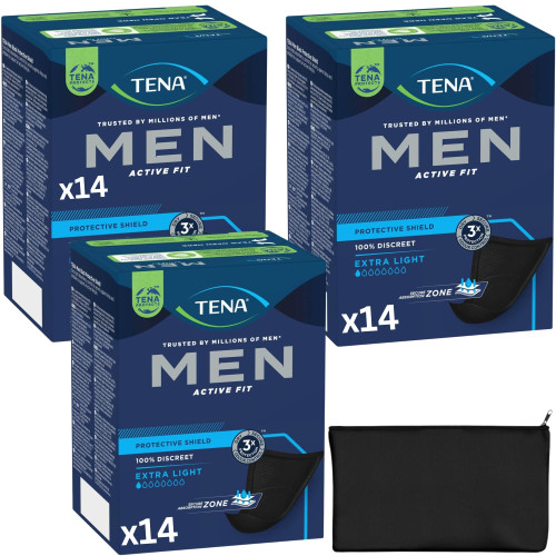 Incontinence Pads for Men Bundle with Mens Pads for Urine Leakage, Light Bladder, Extra Light, 100% Discreet, Individually Wrapped (14 x 3 Packs) and Wishesla Black Fabric Cosmetic Bag