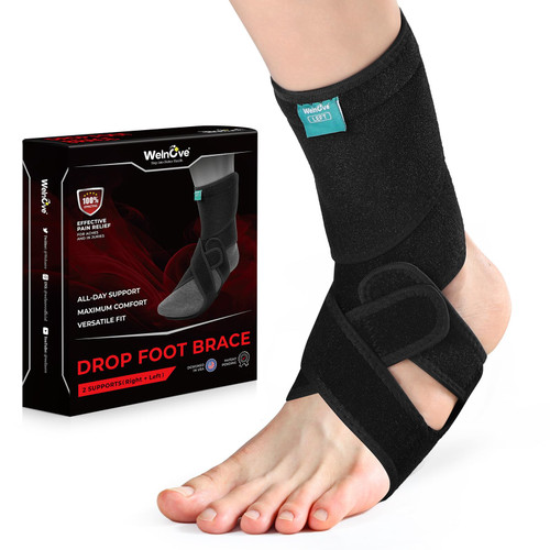 Welnove AFO Drop Foot Brace – Adjustable Soft Support with Forefoot Plate for Foot Drop, TBI, ALS, MS – Wear with Shoes or Barefoot – Left & Right Included（One Size）