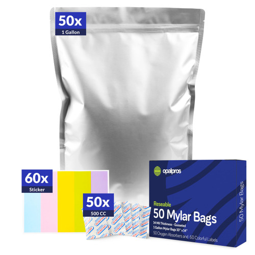 Opalpros 50 pcs Gusseted 14 Mil Mylar Bags with Oxygen Absorbers, 1 Gallon with 500cc Oxygen Absorbers - mylar bags for food storage + Colorful labels