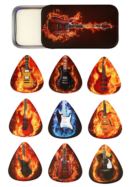 Tin of 9 Flaming Guitar Plectrums, Harmony Picks