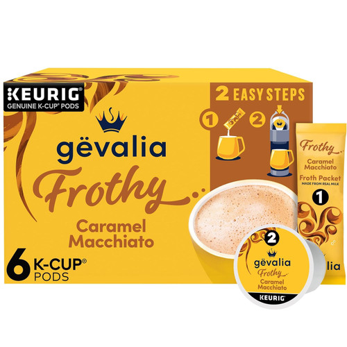Gevalia Caramel Macchiato 2-Step K-Cup & Froth Packets, 6-Count, 5.6 oz. Box (Pack of 3) [Retail Packaging]