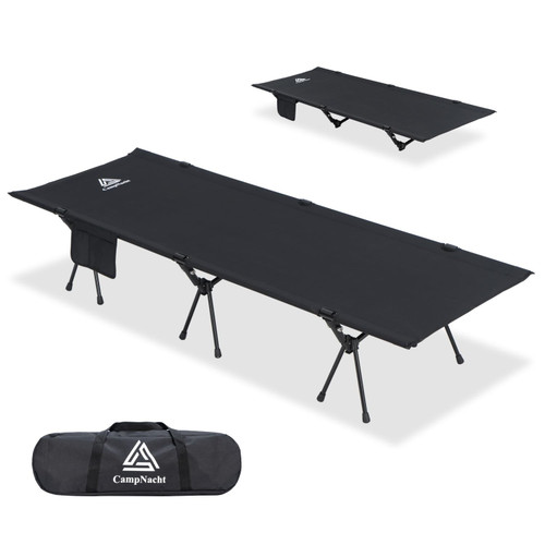 YOUGYM CAMPNACHT Ultralight Camping Cot with Leg Extenders, Aluminum Lightweight Folding Cot for Adults, Portable Backpacking Compact Tent Cot for Outdoor, Hiking, 1 Pack with 2 Use Modes, Black