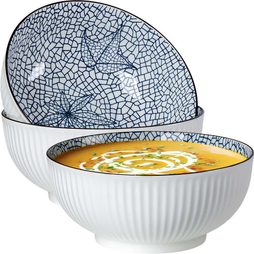 QINLANG Large Soup Bowls, Pho & Ramen Set of 3, 60 oz Blue & White Porcelain - Leaf Pattern QINLANG Large Soup Bowls, Pho & Ramen Set of 3, 60 oz Blue & White Porcelain - Leaf Pattern