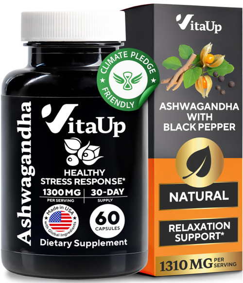 VitaUp Ashwagandha Capsules 1310mg with Black Pepper - USA Made Ashwagandha Supplements for Relaxation Support, Normal Cognitive Function & Balanced Energy Levels – 60 Caps VitaUp Ashwagandha Capsules 1310mg with Black Pepper - USA Made Ashwagandha Supplements for Relaxation Support, Normal Cognitive Function & Balanced Energy Levels – 60 Caps