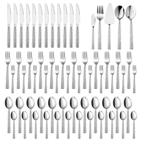 65-Piece Silverware Set with Serving Pieces, E-far Stainless Steel Hammered Flatware Eating Utensils Service for 12, Modern Tableware Cutlery Set with Square Edge, Mirror Polished, Dishwasher Safe 65-Piece Silverware Set with Serving Pieces, E-far Stainless Steel Hammered Flatware Eating Utensils Service for 12, Modern Tableware Cutlery Set with Square Edge, Mirror Polished, Dishwasher Safe