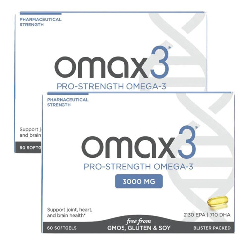Omax3 Pro-Strength Ultra-Pure Omega-3 Fish Oil - 1000 mg - Maximum Professional Joint & Muscle Support - EPA DHA - NSF Certified - 60/per Softgel Blister (Pack of 2)